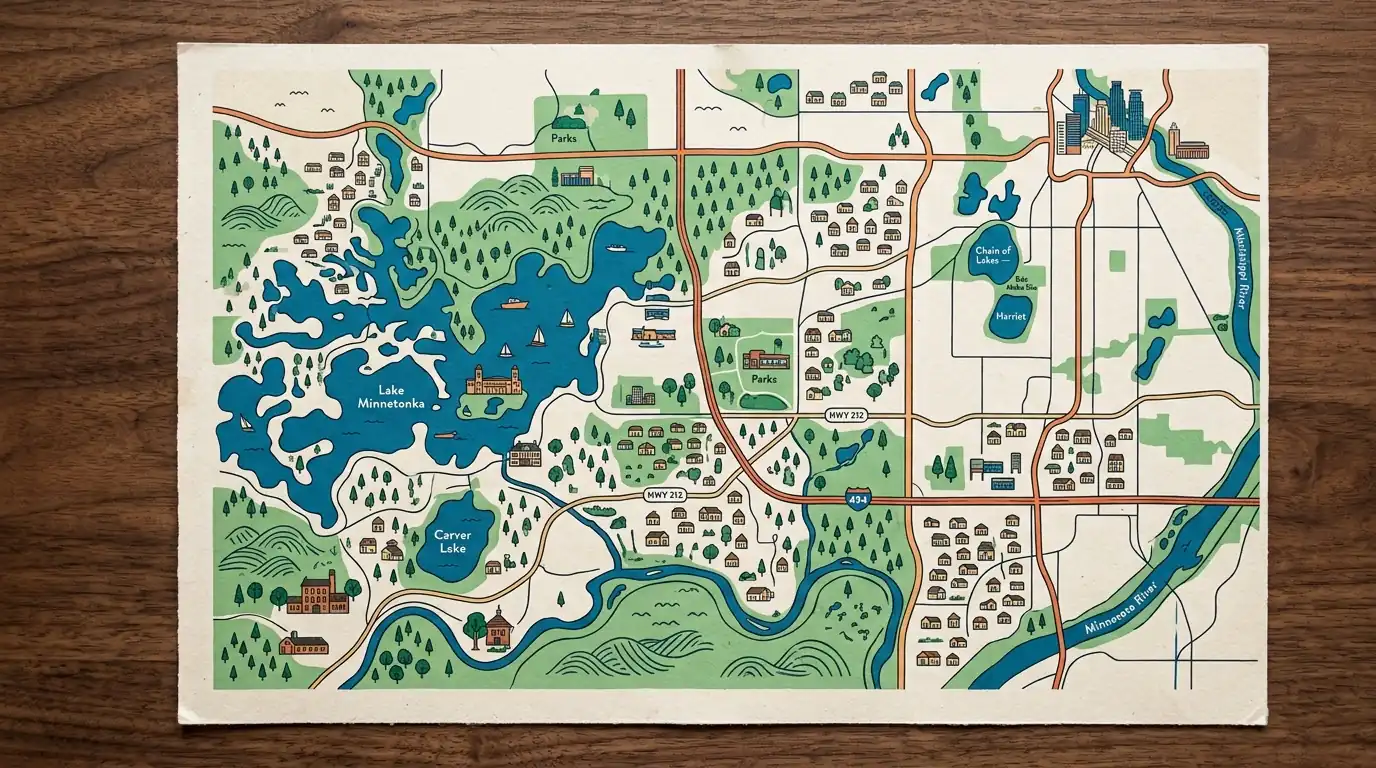 Map illustration of the southwest metro from Minneapolis to Carver