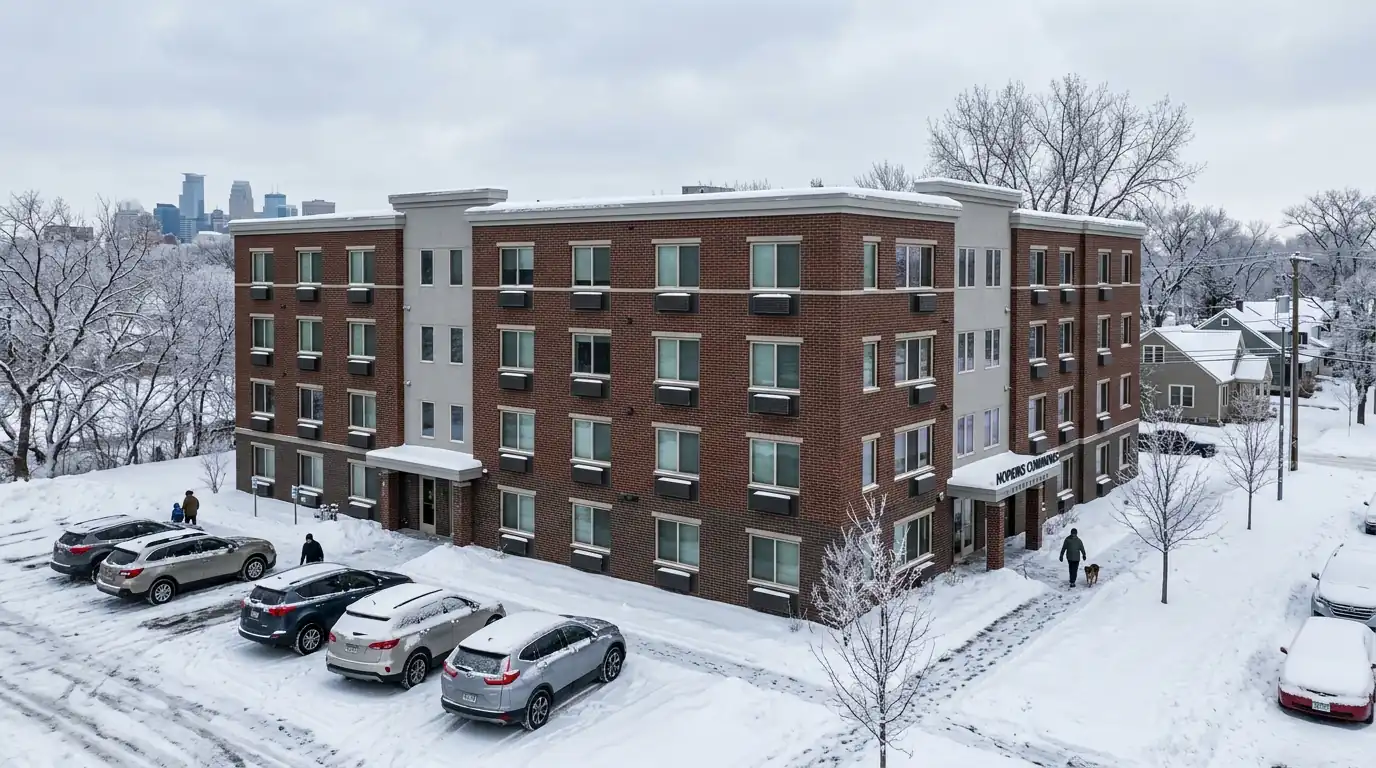 Mid-rise apartment building in Hopkins in winter with PTAC grilles under the windows, nhavfd Minneapolis