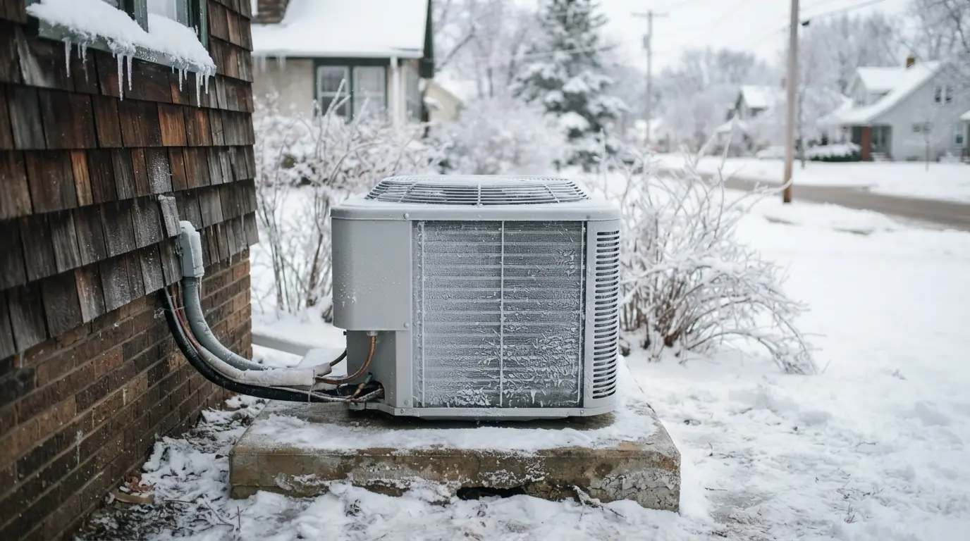 Heat pump outdoor unit beside a house with light frost in Minneapolis