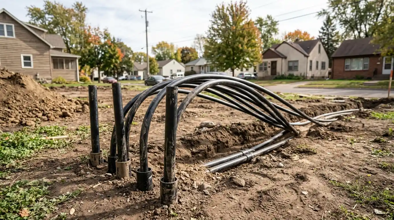 Vertical geothermal loop header in a residential yard