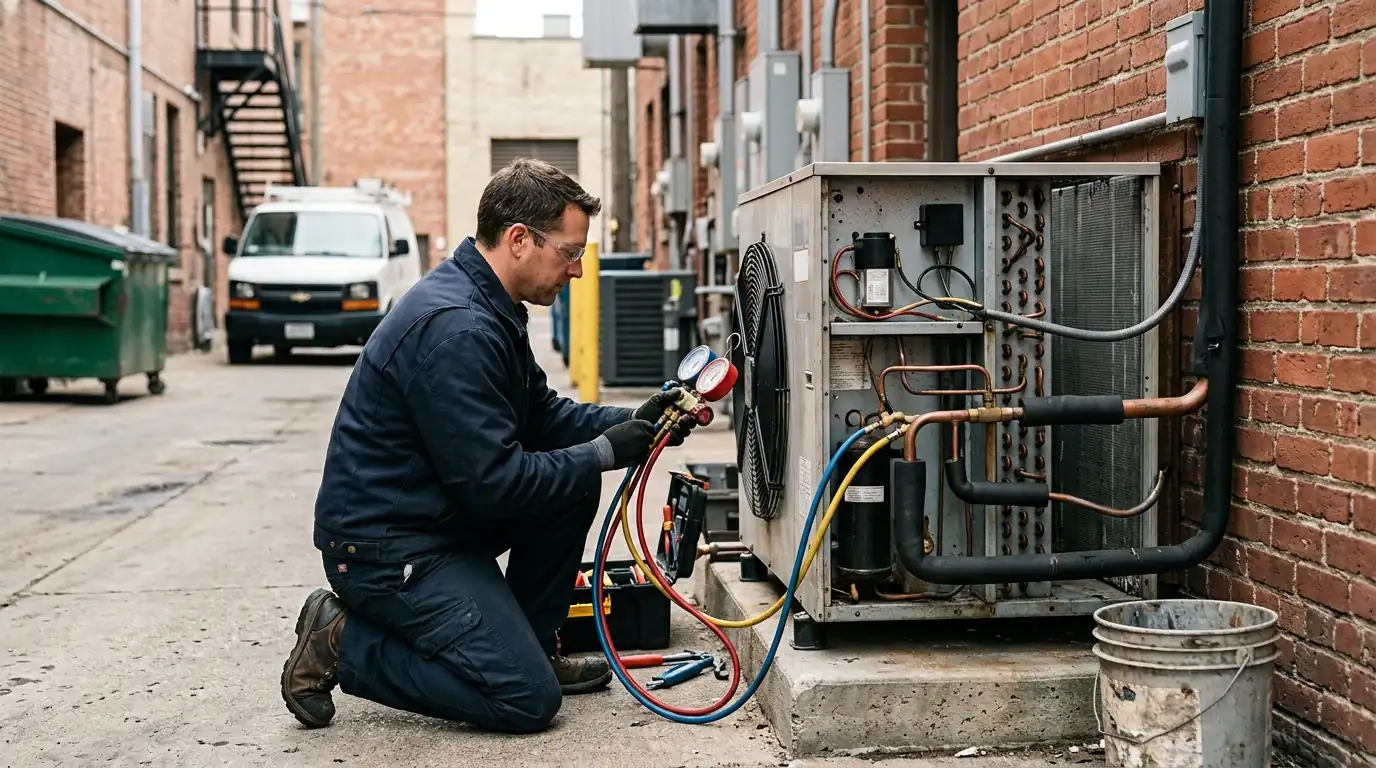 Technician reading refrigerant pressures on a walk-in freezer condensing unit behind a restaurant, nhavfd Minneapolis
