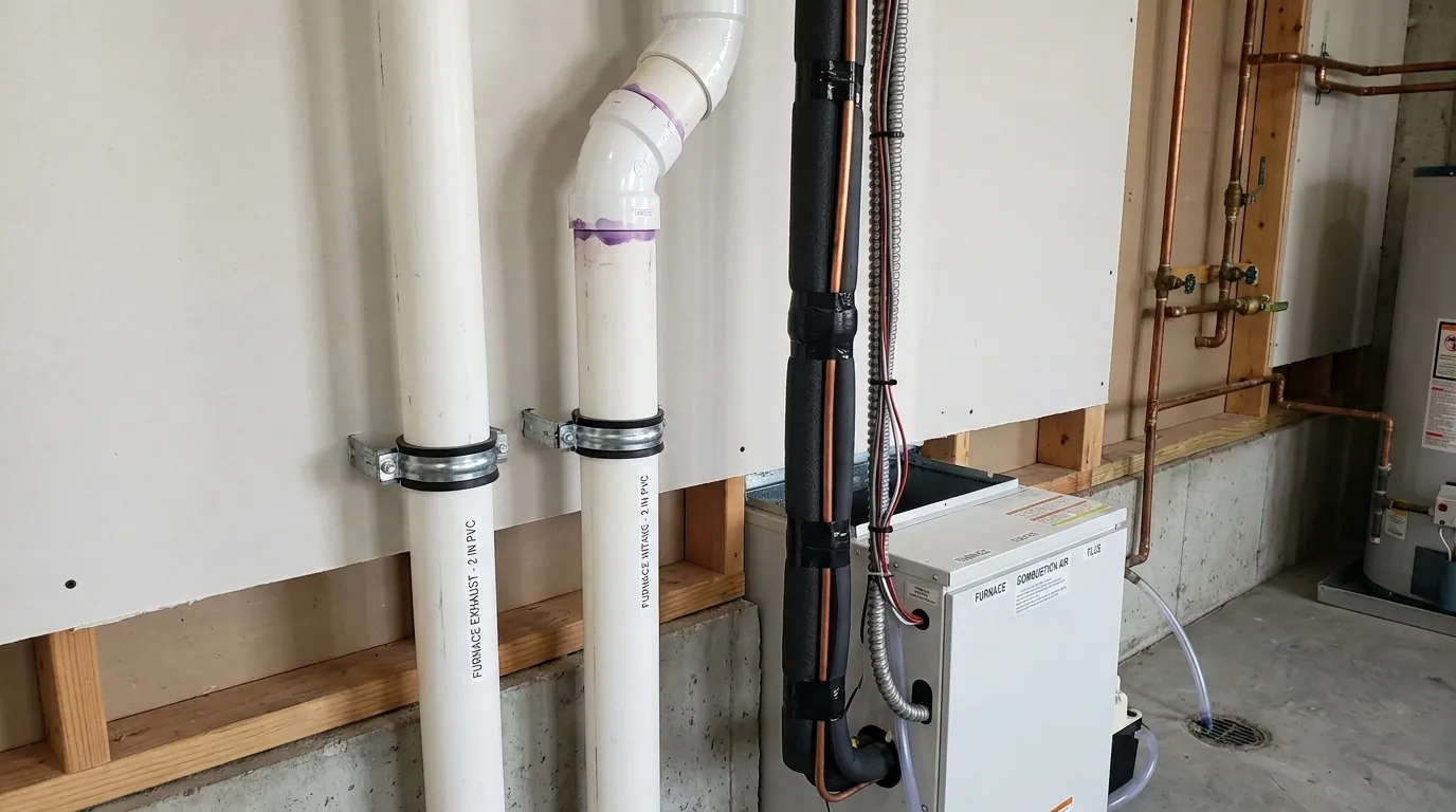 New condensing furnace and heat pump line set in a utility room