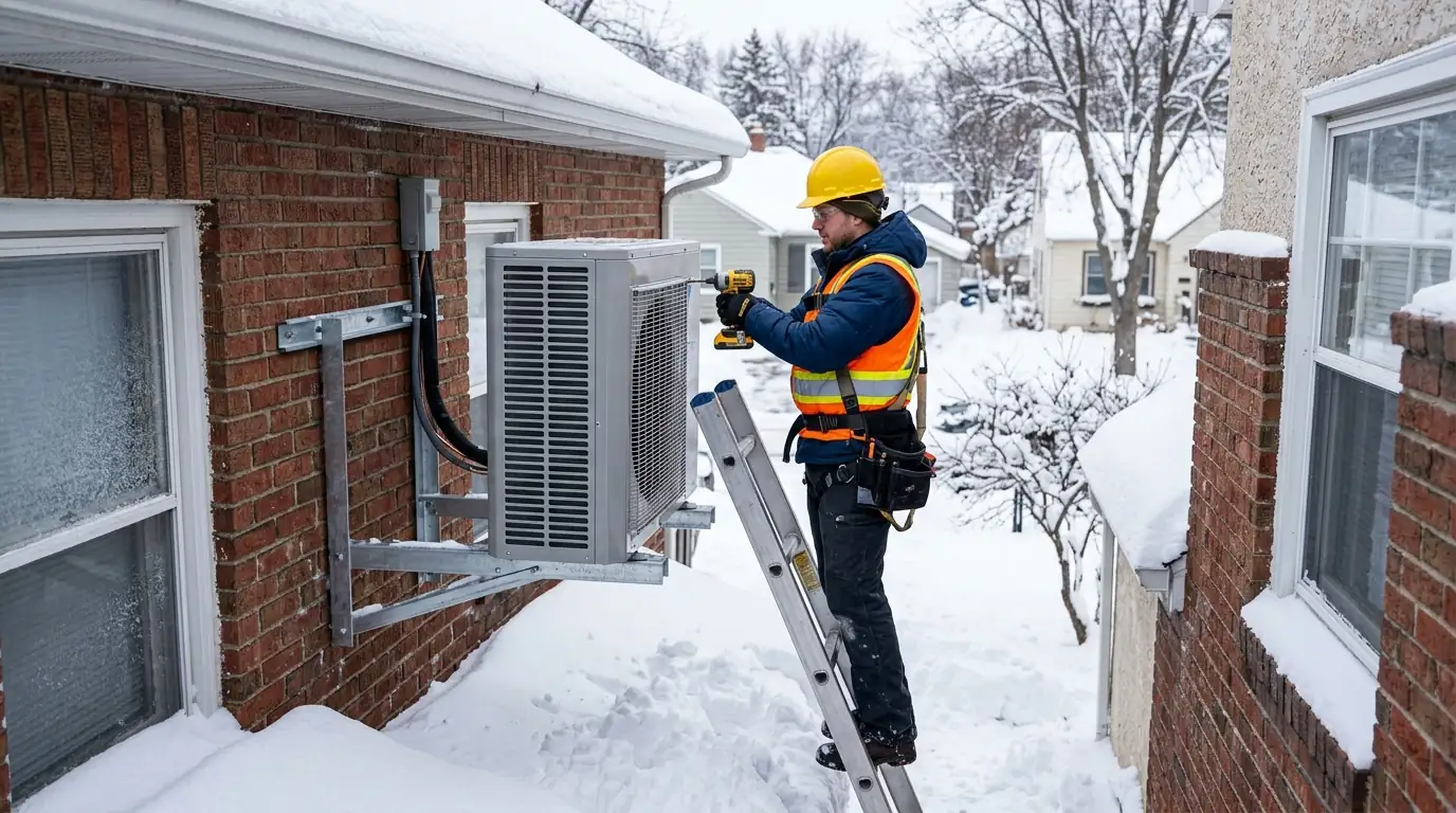 Heat pump mounted on a wall bracket above the snow line