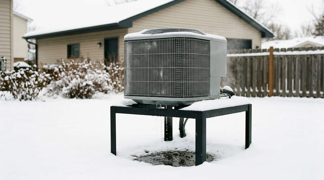 Heat pump on a stand clear of snow