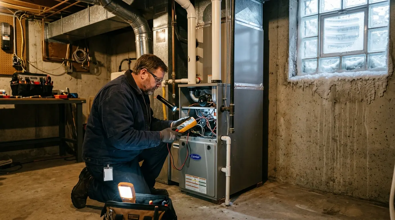 Technician servicing a gas furnace in a Minneapolis basement