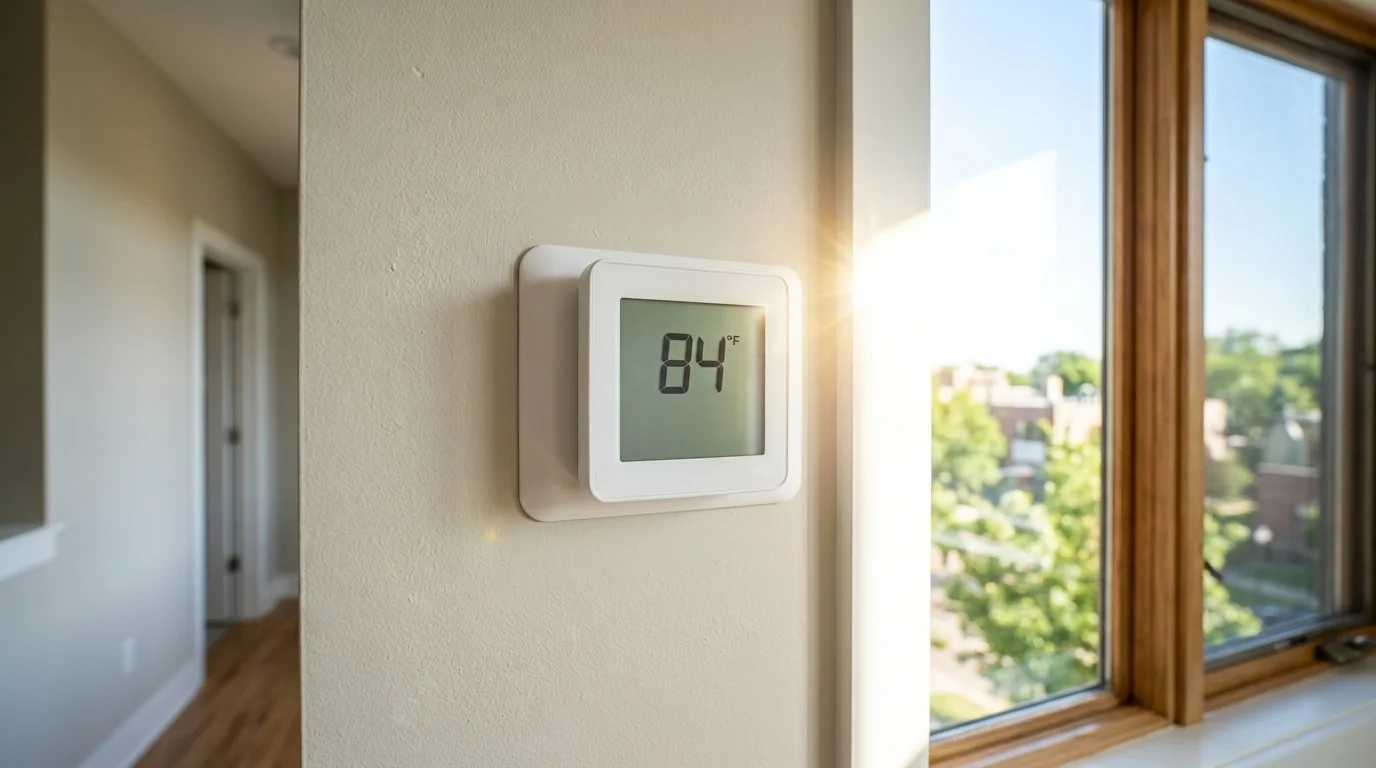Thermostat reading 84 degrees on a hot July afternoon