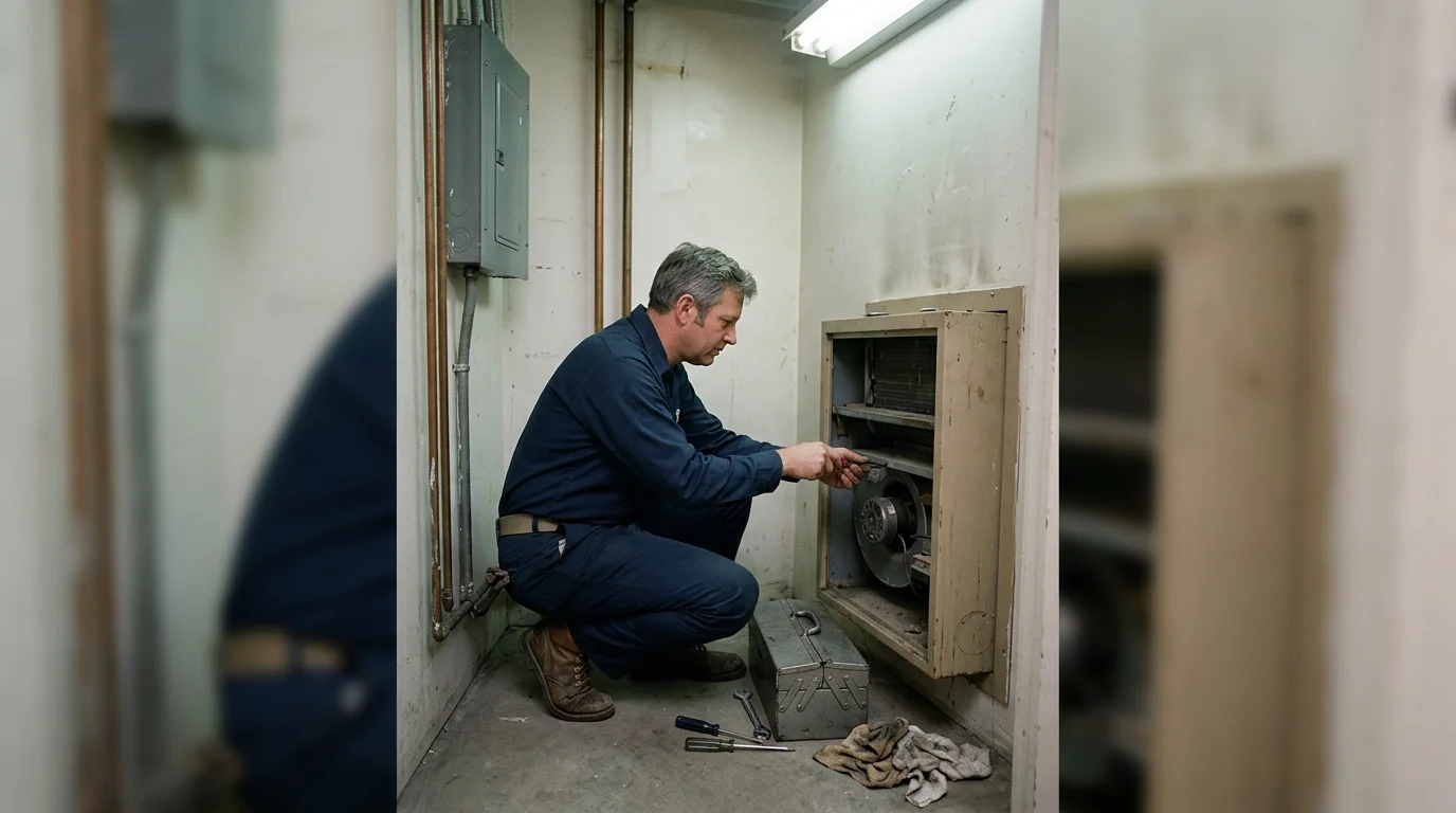 1960s apartment building near Lake Nokomis in Wenonah with a technician servicing a fan coil unit, nhavfd Minneapolis