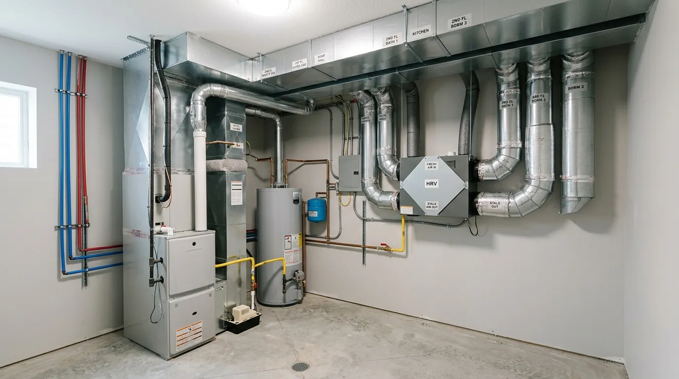 New home mechanical room with furnace and labeled ducts