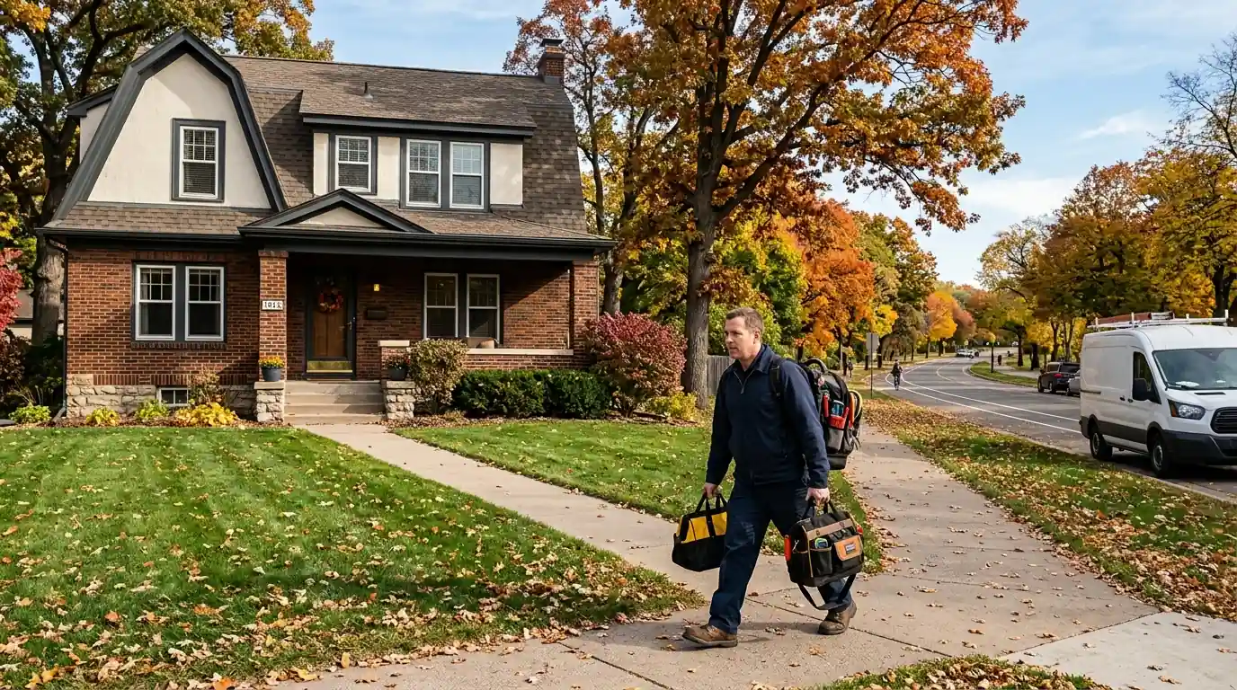 Prewar house along Victory Memorial Parkway in north Minneapolis with a technician carrying tools, nhavfd Minneapolis