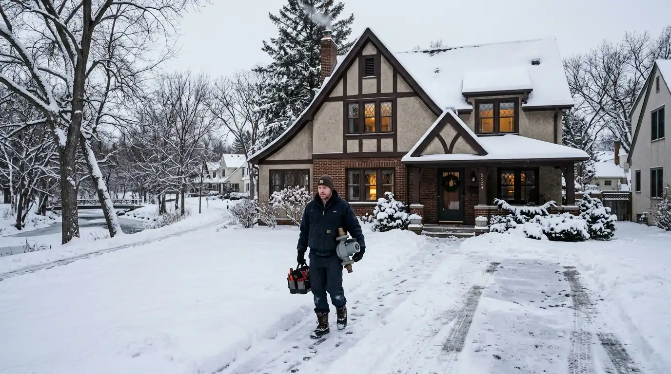Prewar Lynnhurst house near Minnehaha Creek in winter with a technician carrying a boiler part, nhavfd Minneapolis