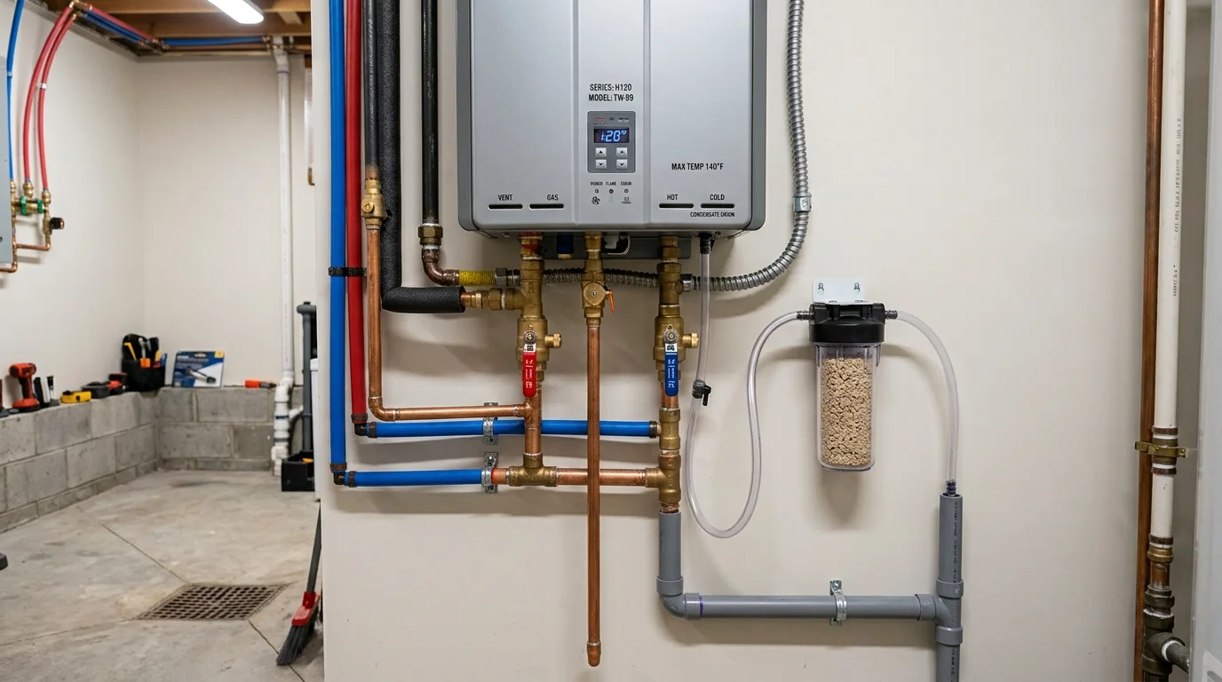 Tankless water heater with service valves and neutralizer