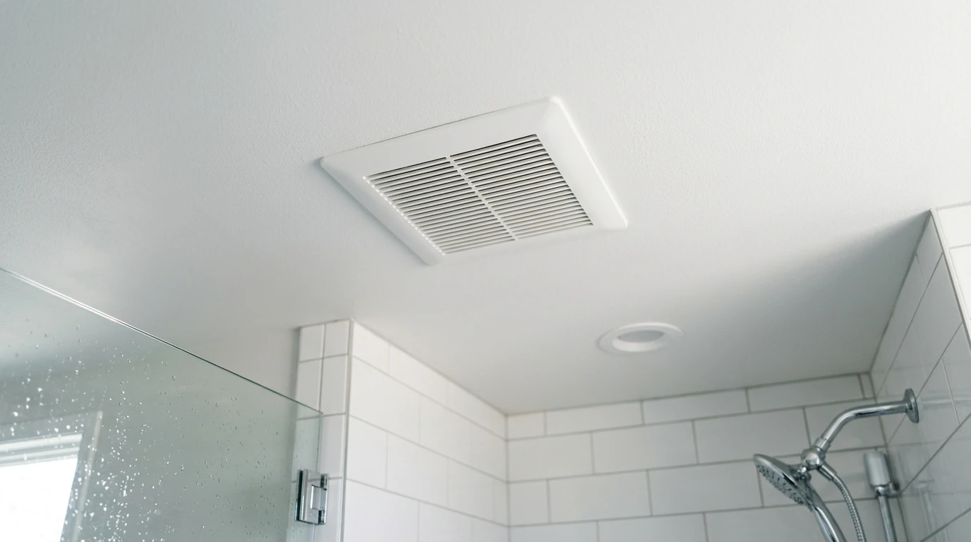 Low-profile bathroom exhaust fan installed above a shower
