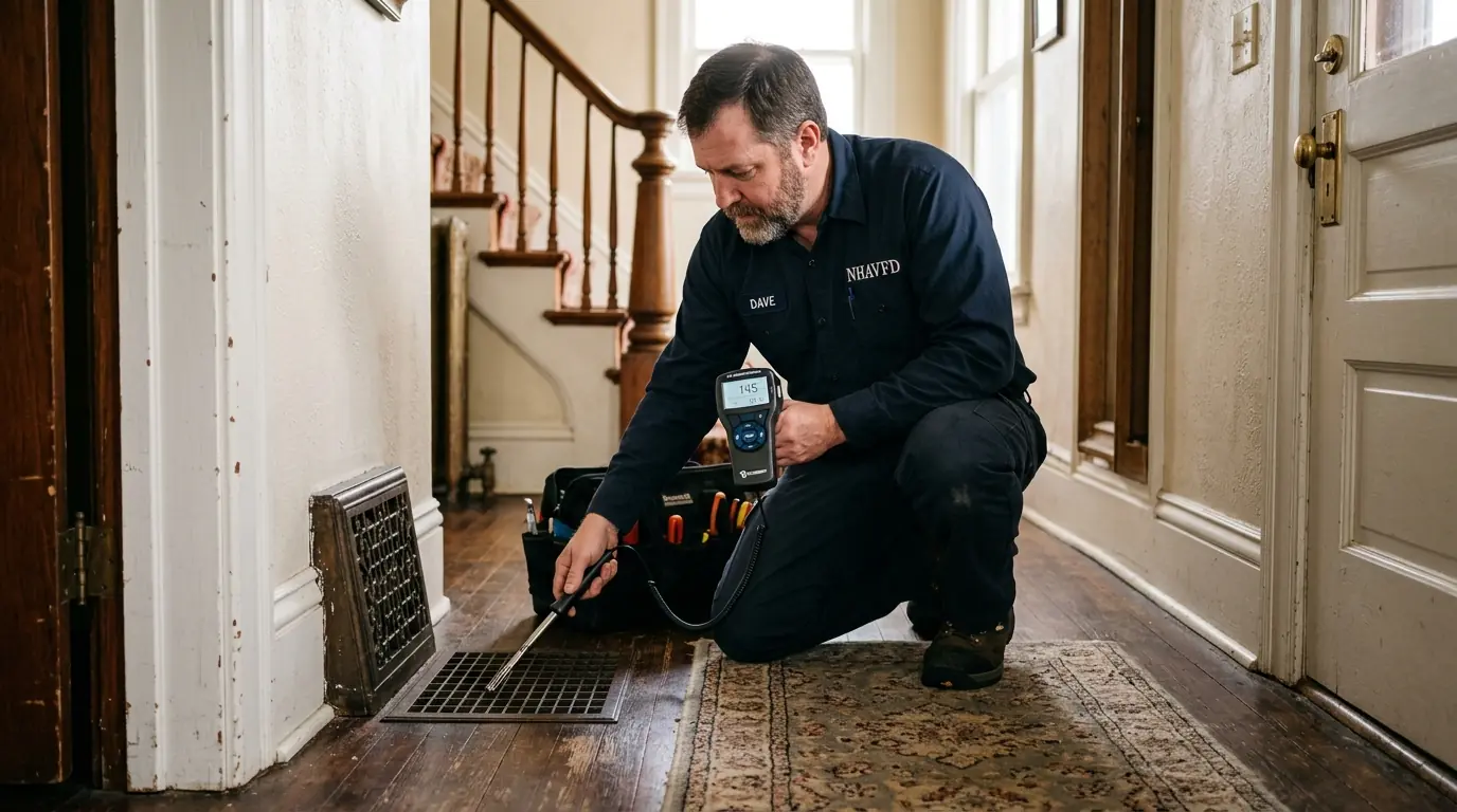 Older Field neighborhood house in south Minneapolis with a technician testing airflow at a floor register, nhavfd Minneapolis