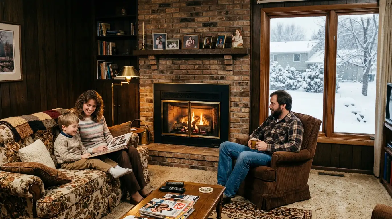 1980s Apple Valley family room with a new gas fireplace insert and snow outside the window, nhavfd Minneapolis