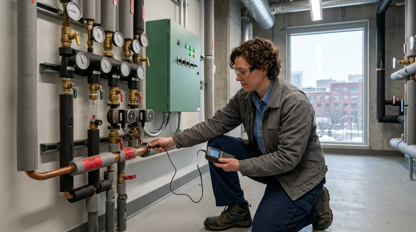 Checking loop temperatures at a geothermal flow center