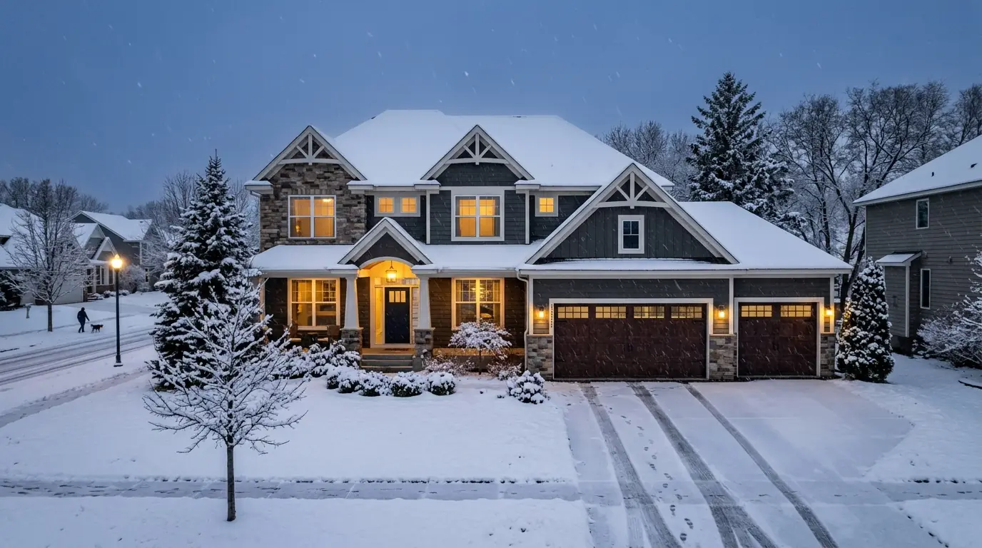 Large newer two-story Lakeville home with a three-car garage on a snowy evening, nhavfd Minneapolis
