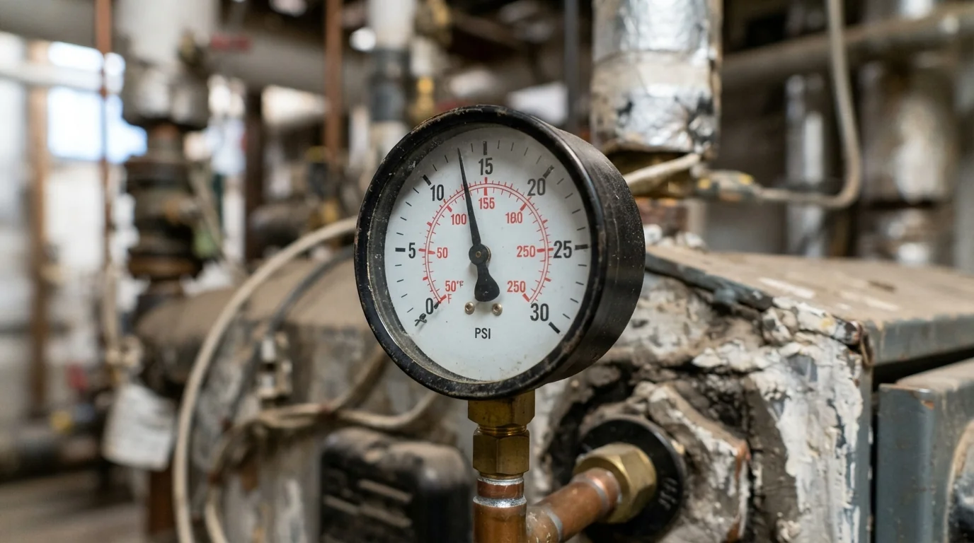 Hot water boiler gauge showing normal pressure