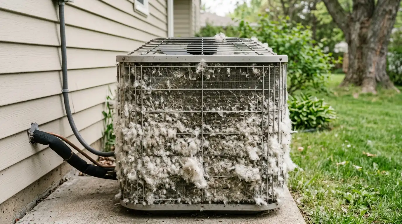 AC condenser coil clogged with cottonwood fluff