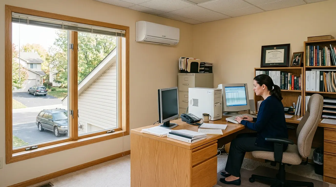 Home office over a garage in a 1990s Savage house with a ductless wall unit, nhavfd Minneapolis