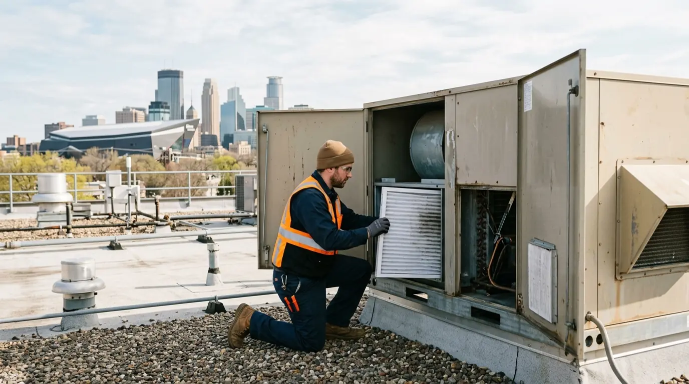 Quarterly filter change on a rooftop unit