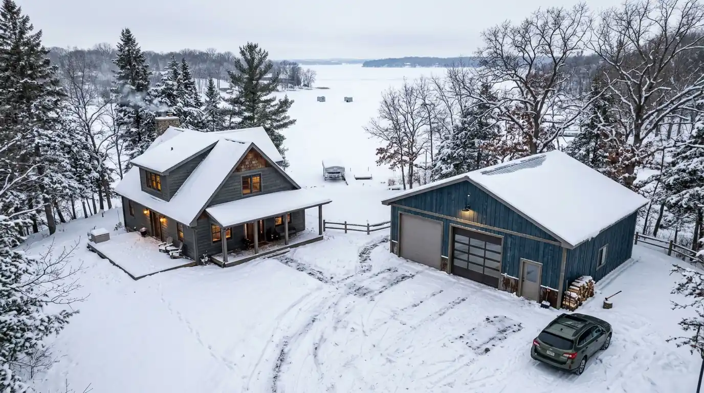 Lakeside home in Waconia with a detached shop garage in winter snow, nhavfd Minneapolis
