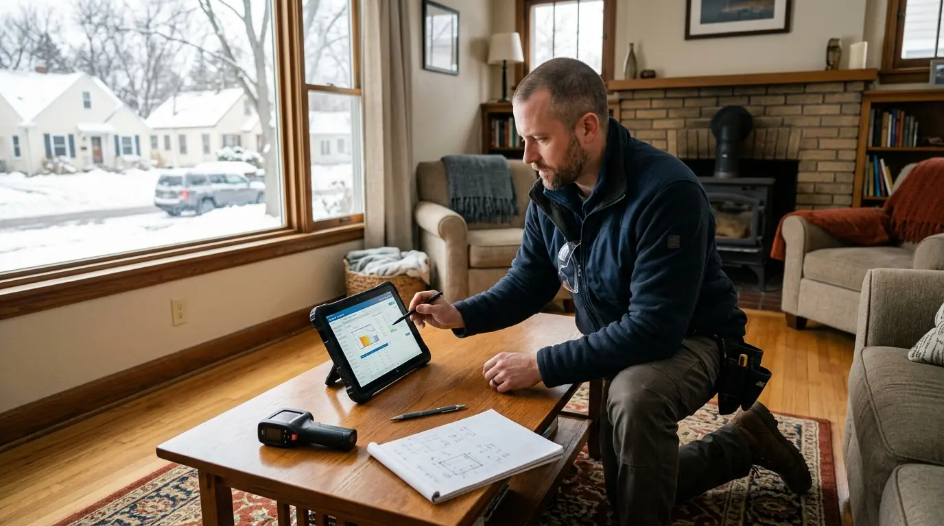 Technician running a load calculation before sizing a furnace