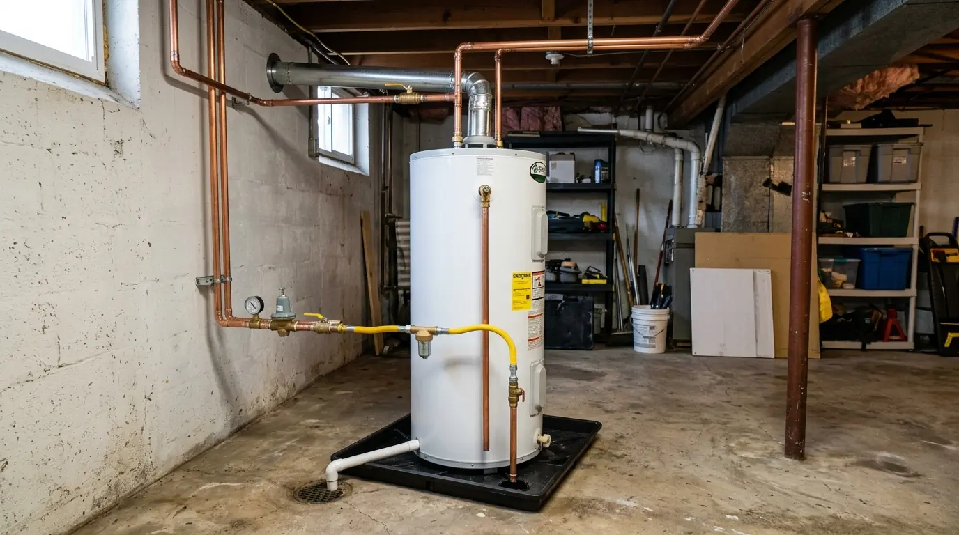 New 50 gallon gas water heater installed in a basement
