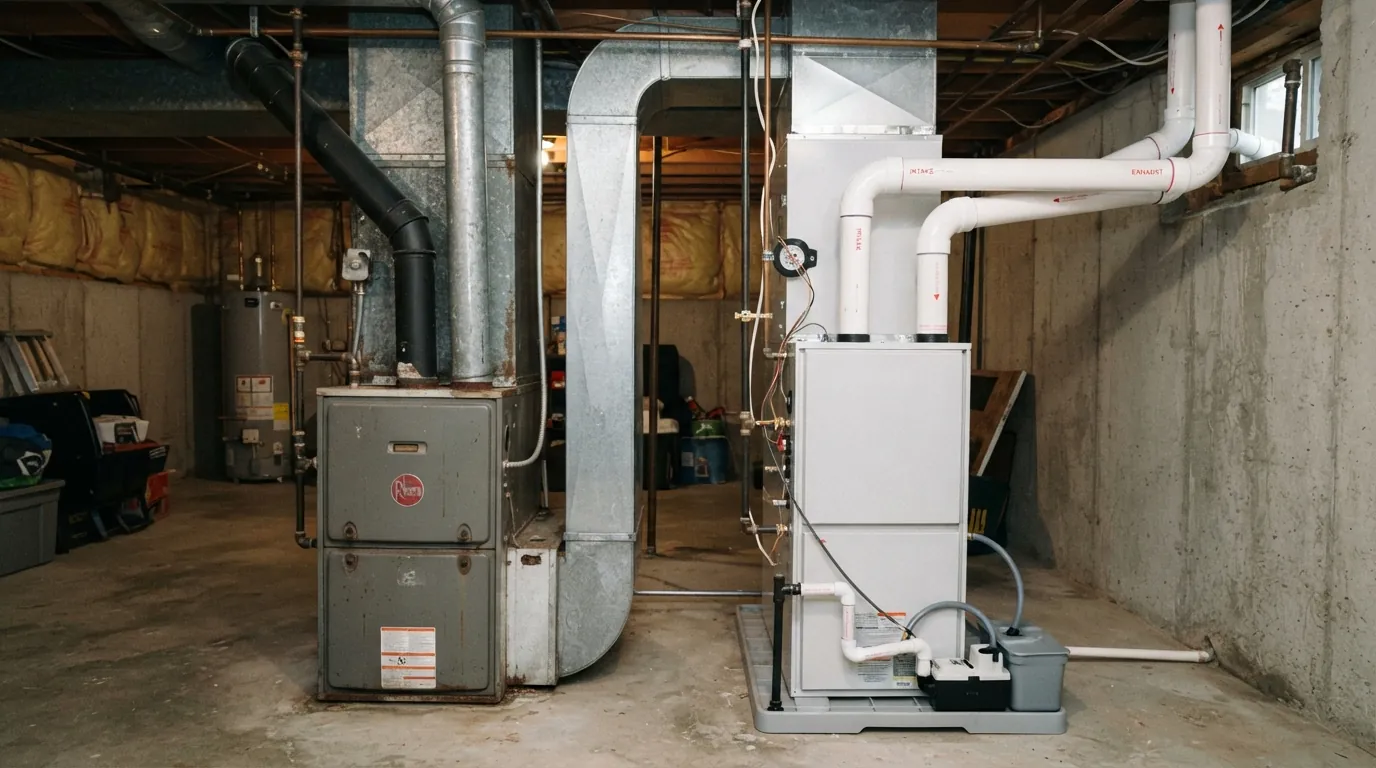 Old chimney-vented furnace next to a new condensing furnace