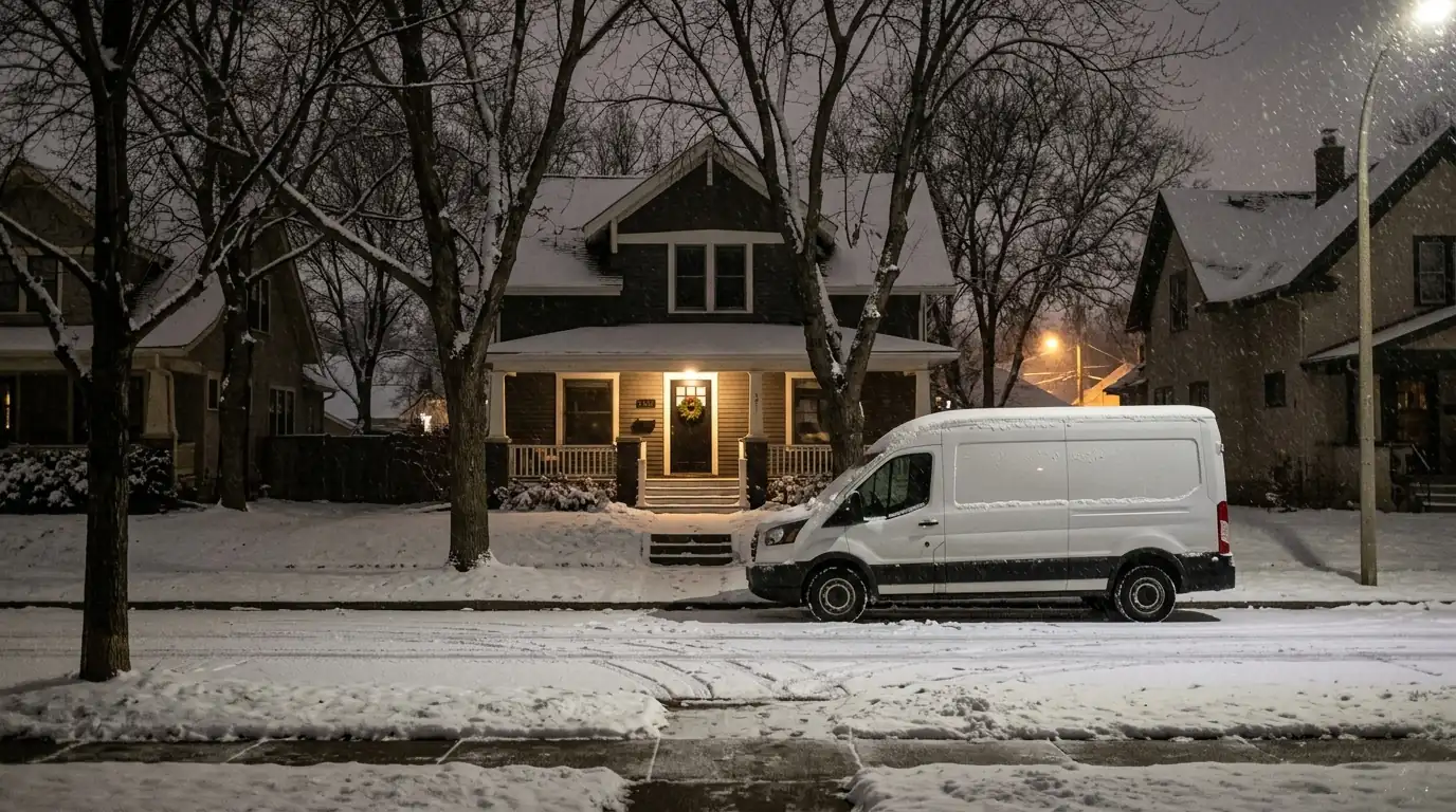 Service van outside a home on a winter night
