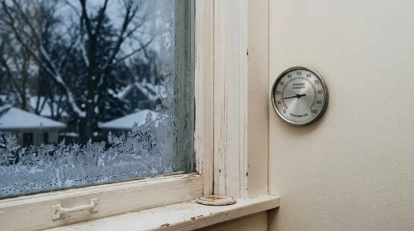 Dry indoor humidity reading beside a frosted window