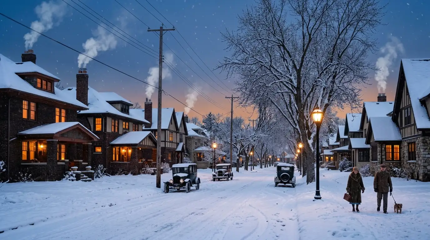 Wide view of a snowy south Minneapolis street of 1920s houses with chimneys at dusk, nhavfd Minneapolis