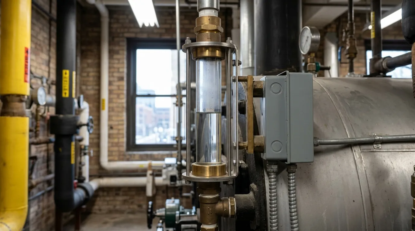 Steam boiler sight glass and low water cutoff