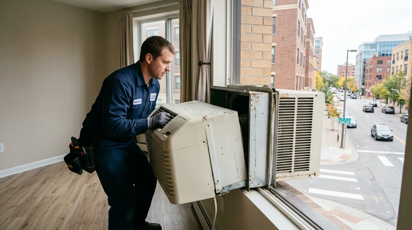 Technician sliding a PTAC chassis out of its wall sleeve in an apartment, grille visible outside, nhavfd Minneapolis