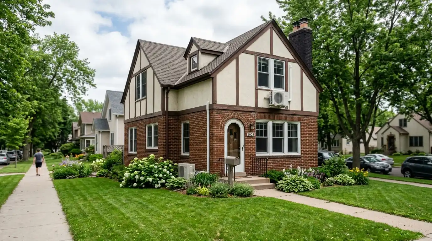 Small brick and stucco prewar house in Northrop, south Minneapolis, with a ductless head on the wall, nhavfd Minneapolis