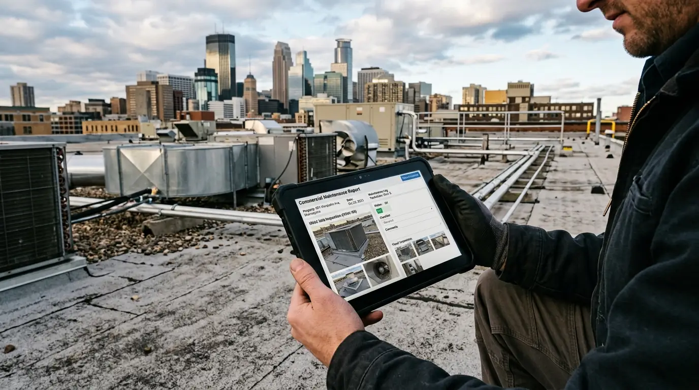 Commercial HVAC maintenance report on a tablet